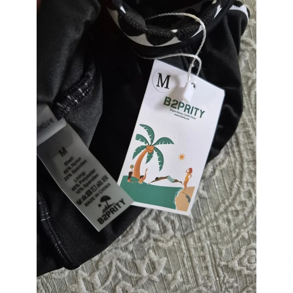 B2PRITY Womens One Piece Swimsuit Black Ric Rac Trim Ruched V-Neck Size M NWT - Picture 9 of 10